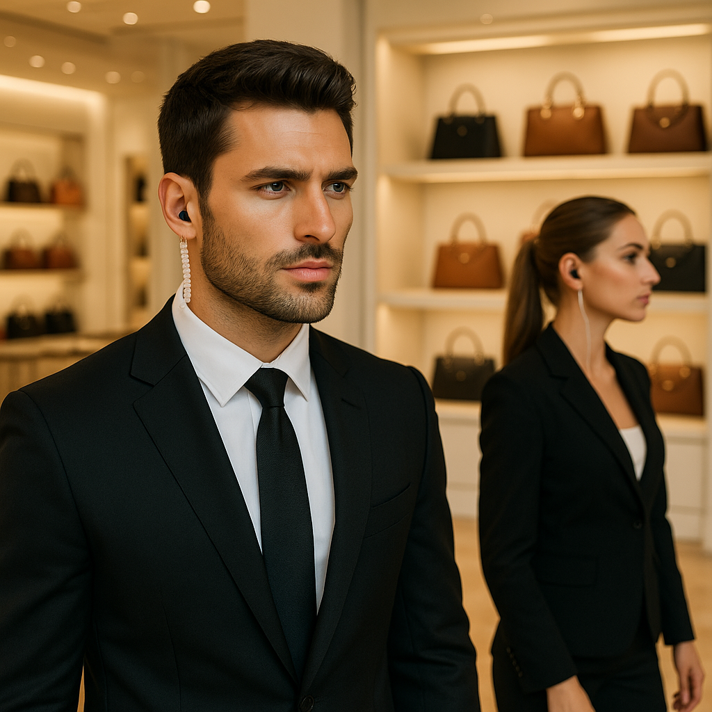 Guardia de seguridad privado elegante con auricular visible, de perfil, en primer plano, dentro de una boutique de carteras exclusivas; al fondo, una guardia femenina también de perfil, mirando en sentido opuesto, en una tienda de lujo estilo Chanel o Gucci, resaltando ambiente premium y profesionalismo en seguridad privada.