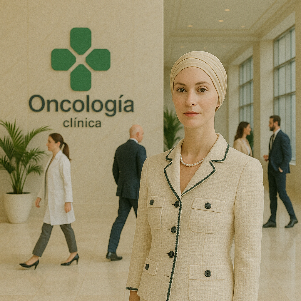 Lobby de clínica oncológica de lujo: mármol claro, ventanales altos y cruz verde con texto ‘Oncología • clínica’. Al frente, mujer con turbante beige y traje Chanel; al fondo, doctora con bata y ejecutivos elegantes.