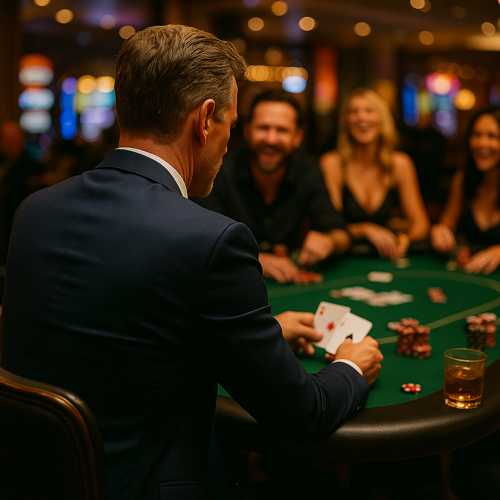 Hombre elegante de espaldas jugando póker en mesa de casino, rodeado de fichas, copas de alcohol y ambiente de diversión nocturna.