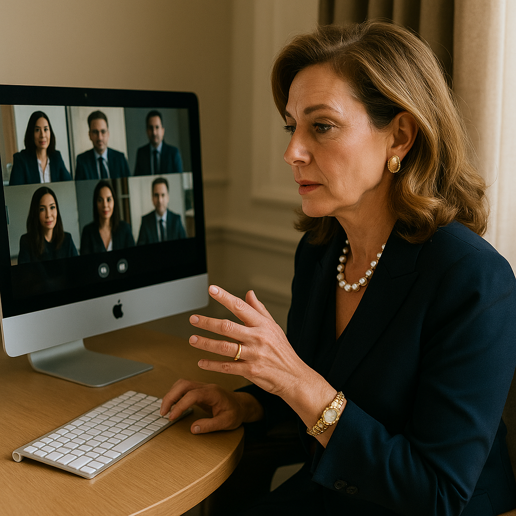 Mujer elegante con joyas participando en audiencia telemática desde su escritorio, usando un computador Mac en oficina moderna.