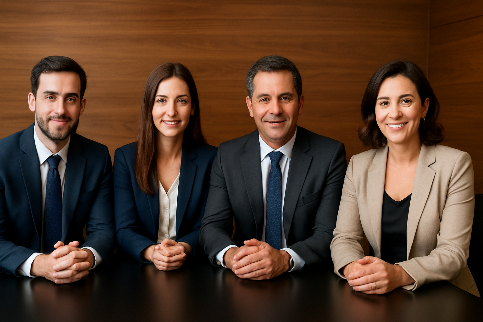 Fotografía profesional de cuatro abogados expertos en derecho tributario, sentados en mesa negra, mirando a cámara, con fondo de pared de madera, en sala de reuniones de oficina moderna en Santiago de Chile.