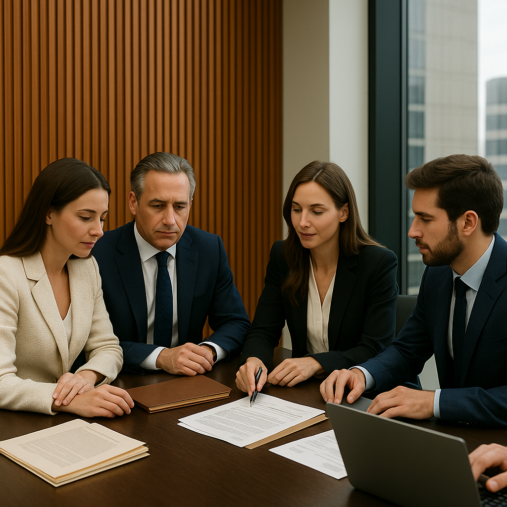 “Cuatro ejecutivos de alto nivel reunidos en torno a una mesa de madera color chocolate, revisando expedientes y documentos. Detrás, una pared de tablillas de madera verticales y, por la ventana, se aprecia un rascacielos cercano desde el piso 21